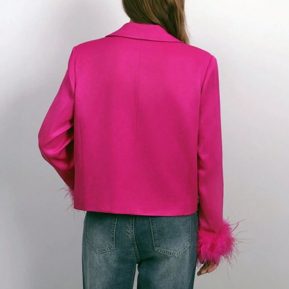 Vibrant Pink Blazer with Feather Cuffs - Picture 5 of 6